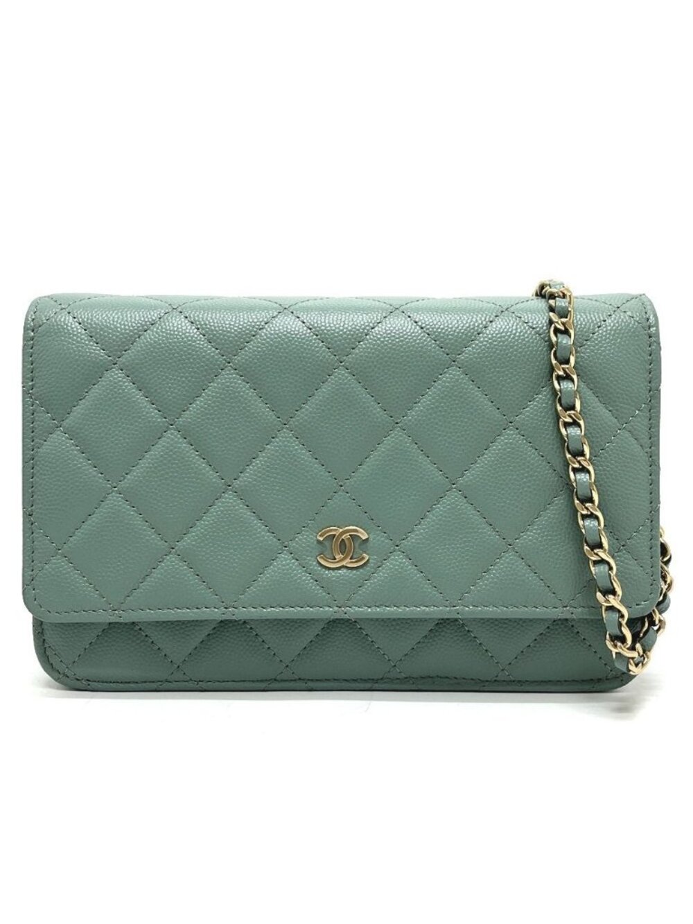 Chanel Shoulder Bag CC Logo Classic Caviar Leather Blue Gray